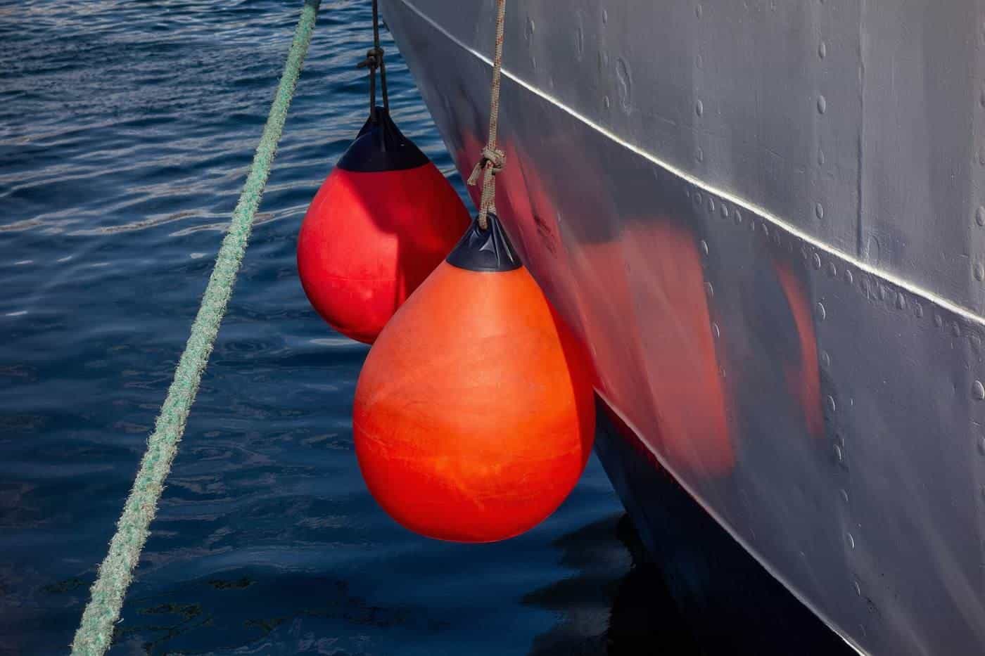 Two orange fenders hanging between a ship’s steel hull and a dock, with a mooring rope